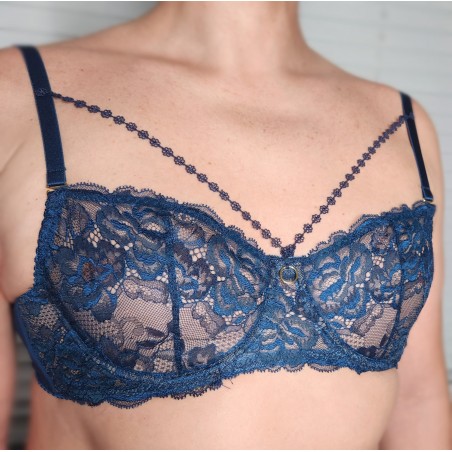 Blue Mystique: Navy Lace Bra for the Refined Gentleman