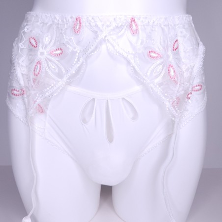 Lacy Luxe: White Pink Garter Belt Sissy Lingerie