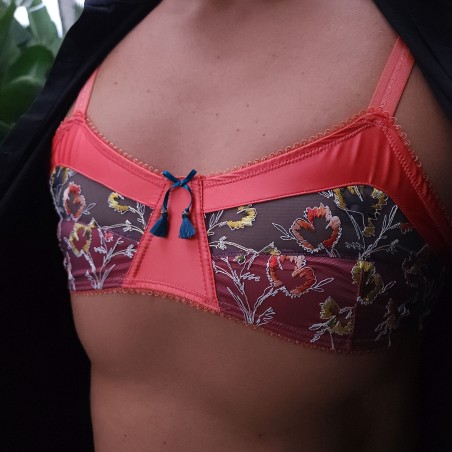 Marigold Kiss: Fitting AA Flat Chest Bra. Men's Sissy Lingerie in Orange.