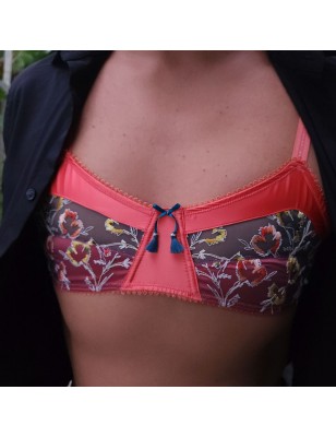 Marigold Kiss: Fitting AA Flat Chest Bra. Men's Sissy Lingerie in Orange.