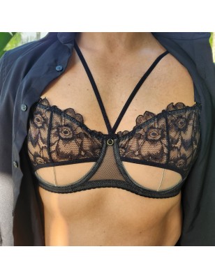 Lace Eclipse: Strappy Black Lace Mesh Bra for Men – AA Cup