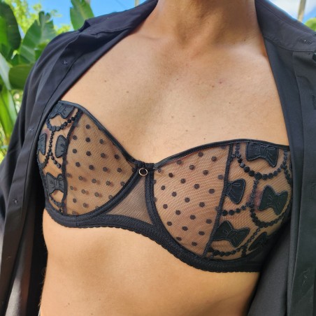 Midnight Ties: Underwire Bra for Men in AA Cup Black Bowties