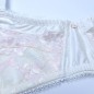 Regular and plus size crossdresser lingerie bra in satin and lace. Offers pleasant compression while keeping chest feminine.