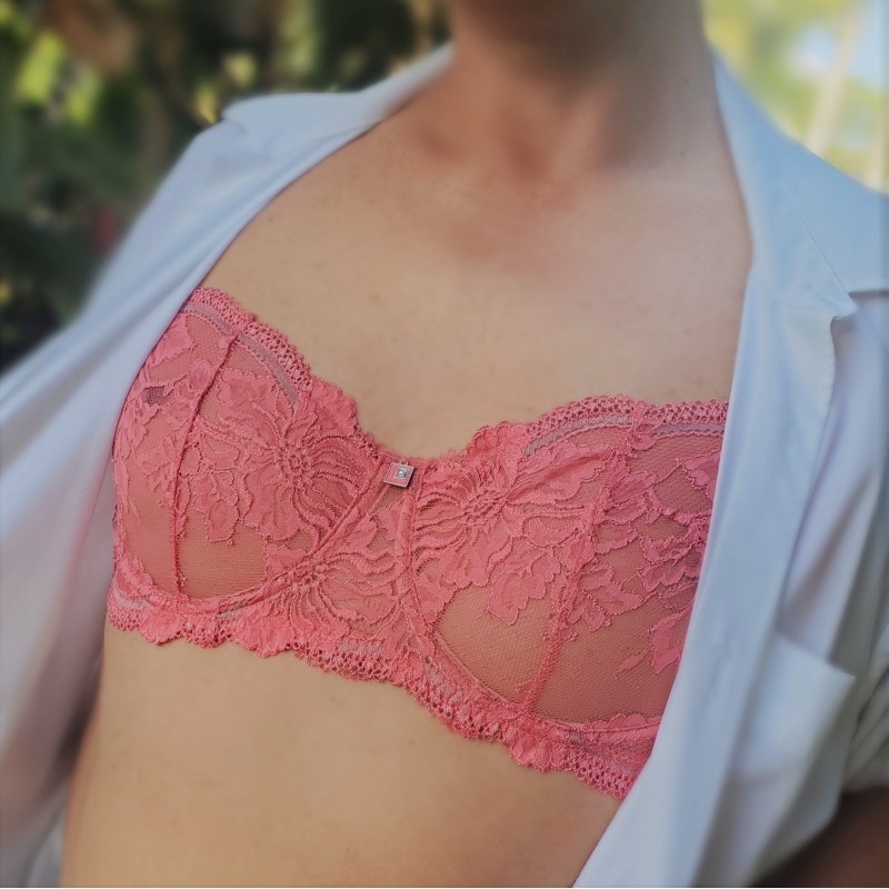 Peach Bliss: Silky Soft Mesh Lace Bra for Men - AA Cup
