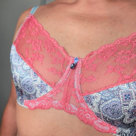 Satin Blossom: Men's AA Cup Bra with Soft Pink Lace and Adjustable Straps