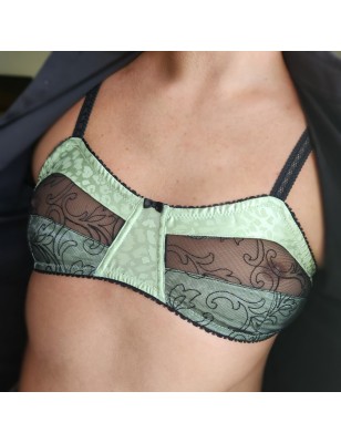 Emerald Comfort: Glossy Green and Black Lace Bralette for Men