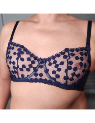 NavyNest: Ultra Sheer Men's AA Cup Balconette Bra in Navy Blue