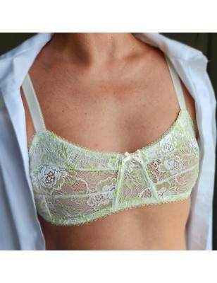 Lime Elegance: Silky Green and White Lace Bralette for Men