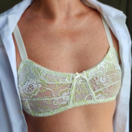 Lime Elegance: Silky Green and White Lace Bralette for Men