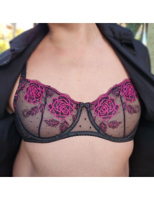 Floral Temptation: Pink Rose Embroidered Mesh Bra for Men