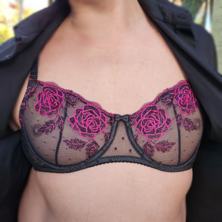 Floral Temptation: Pink Rose Embroidered Mesh Bra for Men