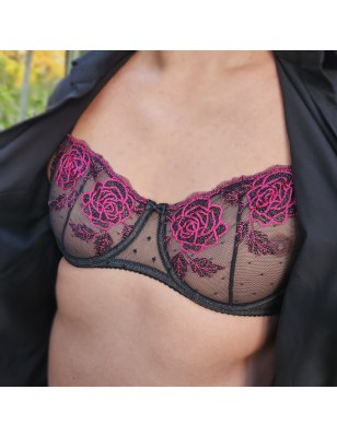 Floral Temptation: Pink Rose Embroidered Mesh Bra for Men