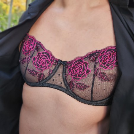 Floral Temptation: Pink Rose Embroidered Mesh Bra for Men