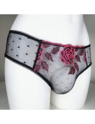 Floral Temptation: Black Mesh Thong, Bikini or Brief with Pink Roses for Men