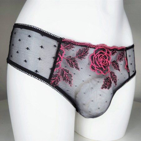 Floral Temptation: Black Mesh Thong, Bikini or Brief with Pink Roses for Men
