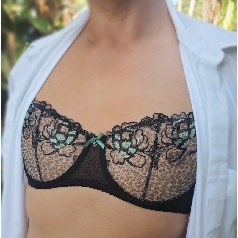 Black Leopard: Sheer Lace AA Cup Bra for Men