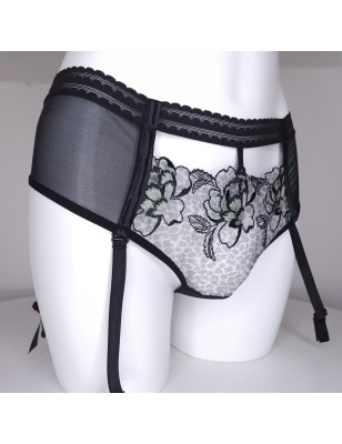 Black Leopard: Sheer Lace Garter Belt-Thong for Men