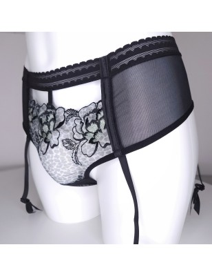 Black Leopard: Sheer Lace Garter Belt-Thong for Men