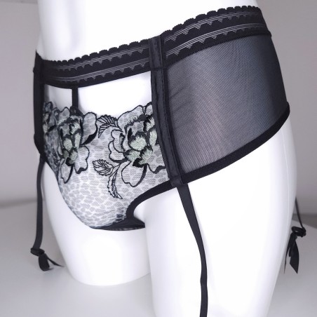 Black Leopard: Sheer Lace Garter Belt-Thong for Men