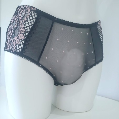 Black & Pink Bliss: Sheer Lace Brief Panties for Men